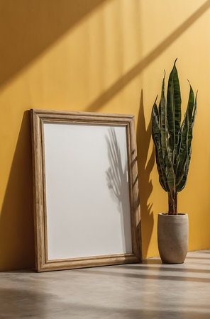 Wooden frame mockup with green plant in pot on yellow wallの素材