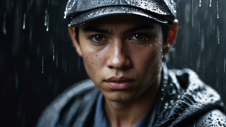 Portrait of a young man in a raincoat and cap.の素材