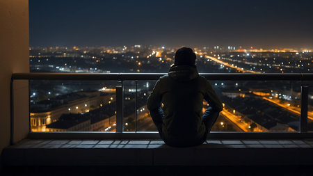 Young man sitting on the balcony and watching the city at night.の素材