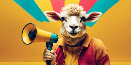 portrait of sheep with megaphone on yellow and blue backgroundの素材