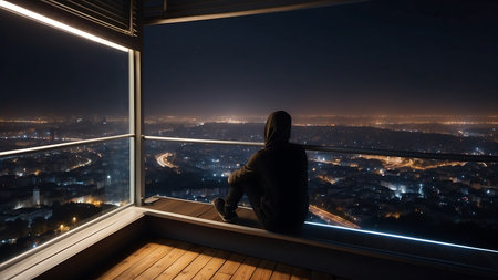 Man sitting on a balcony at night and looking at the city.の素材