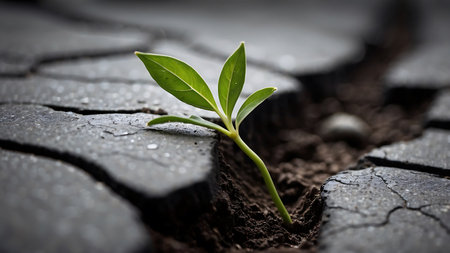 Green seedling growing from crack in the ground, Global warming conceptの素材