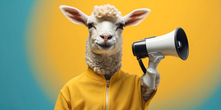 Sheep in yellow hoodie with megaphone on yellow backgroundの素材