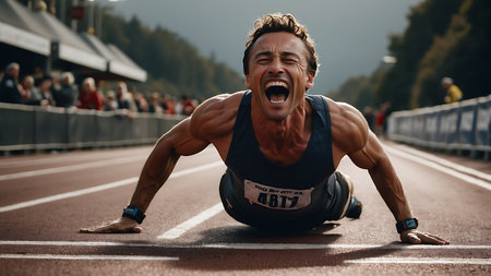 Handsome young man running on stadium track. Sport concept.の素材
