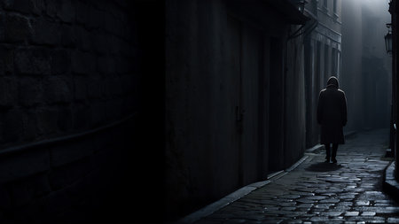 Silhouette of a man walking in a dark alley at nightの素材