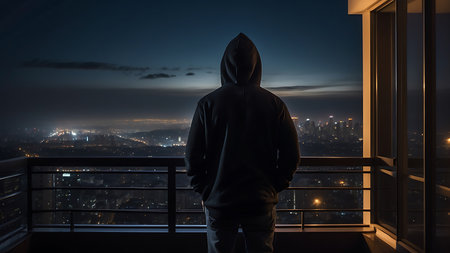 Silhouette of man in hooded sweatshirt standing on balcony and looking at night cityの素材