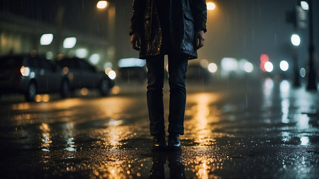 Man in raincoat and jeans walking in wet street at night.の素材