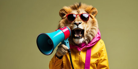Funny lion in yellow raincoat and sunglasses shouting through megaphone.の素材