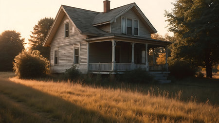 Abandoned wooden house in the field at sunset, 3d renderの素材