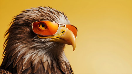 Portrait of a bald eagle wearing sunglasses on a yellow background.の素材