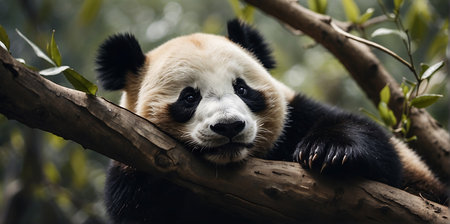 a giant panda in the wilds of china is lying on a treeの素材