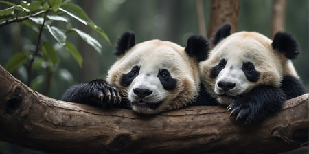 Two giant panda bear sleeping on a branch in the zoo.の素材