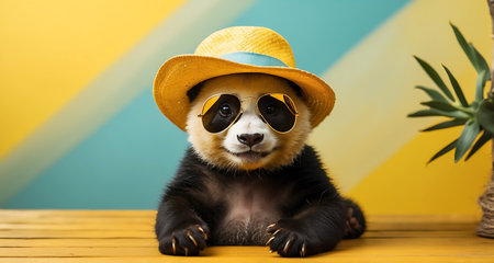 Cute panda bear wearing hat and sunglasses sitting on wooden floorの素材
