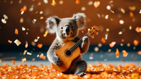 Cute koala with ukulele and falling leaves. Mixed mediaの素材