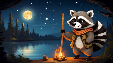 Illustration of a raccoon in front of a bonfire at nightの素材