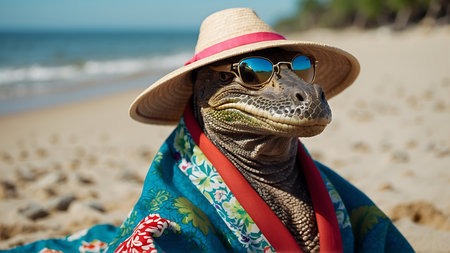 Crocodile wearing a hat and sunglasses on the beach.の素材