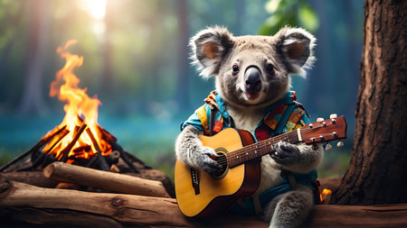 Cute koala playing guitar and singing in the forest at sunsetの素材