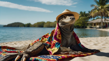 Crocodile on the beach with a straw hat and sunglassesの素材