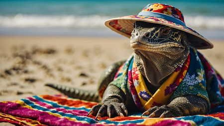 Mexican iguana in hat on the beach. Toned.の素材