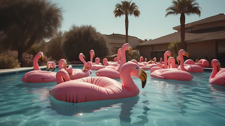 Pink flamingos in swimming pool. 3d render. Summer vacation conceptの素材