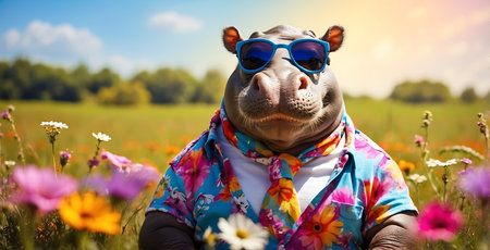 Hippopotamus in sunglasses on the meadow with flowers.の素材