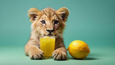 Cute little lion cub with lemon and orange juice on green backgroundの素材