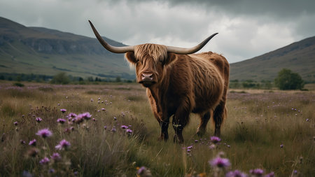 Highland cow grazing on a field of purple flowers in Scotland, UKの素材