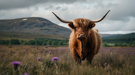Scottish highland cow in the field with purple flowers, Scotlandの素材