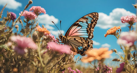 Butterfly on the flower with blue sky and white clouds.の素材