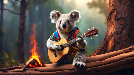 Cute koala bear playing guitar and singing in the forest.の素材