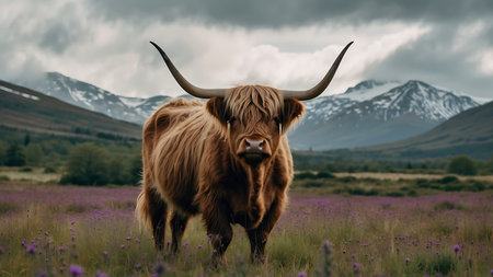 Scottish highland cattle in the field of blooming purple flowersの素材