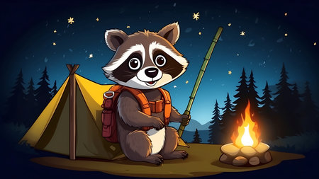 Raccoon sitting in front of campfire and camping tent illustrationの素材