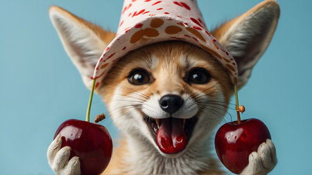 Cute welsh corgi pembroke dog with red cherryの素材