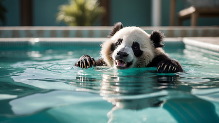 panda bear swimming in the pool with his tongue hanging out.の素材