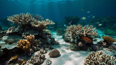 Underwater view of tropical coral reef with fishes and hard coralsの素材