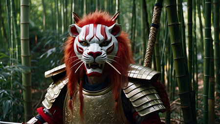 Samurai warrior with sword and armor in bamboo forest, 3D renderingの素材