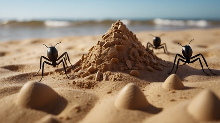 Ants on the sand of the beach. 3d illustration.の素材