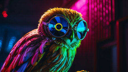 Colorful parrot with sunglasses in the night club, close upの素材