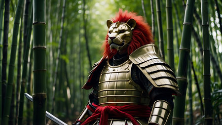 Lion in armor in the bamboo forest, closeup of photoの素材