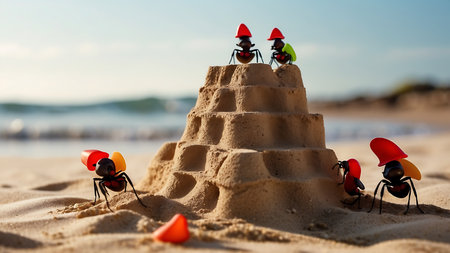 Miniature ants build a sand castle on the beach in summertimeの素材
