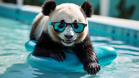 Portrait of a panda in sunglasses swimming in a pool.の素材