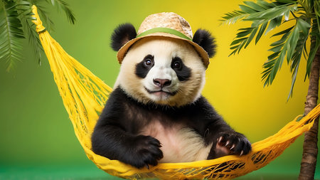 Cute panda in hat and yellow hammock on green backgroundの素材