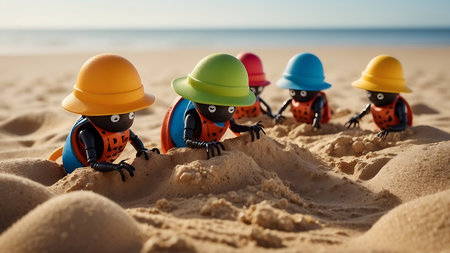Funny plasticine monsters in hardhats on the beach.の素材