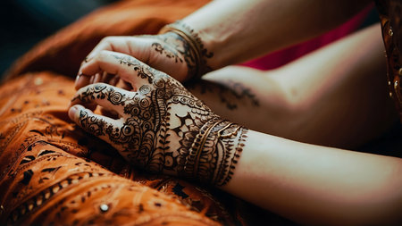 Hands of a bride with henna tattoo on her wedding dayの素材