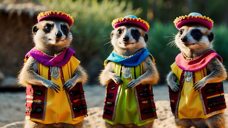 Cute meerkats in the national costume of the African savannahの素材