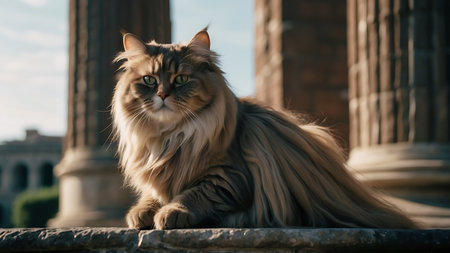 Persian cat with long hair sitting in front of the Trafalgar Squareの素材
