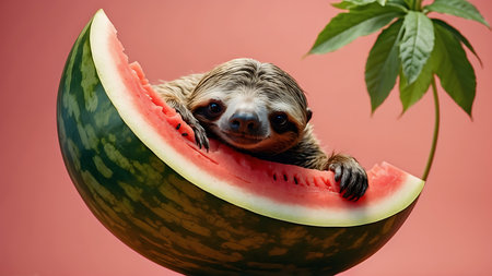 Sloth and watermelon on a red background. The concept of healthy eating.の素材