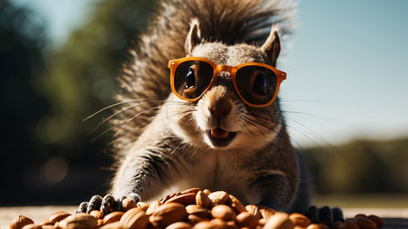 Funny squirrel in sunglasses with nuts on sunny day, closeupの素材