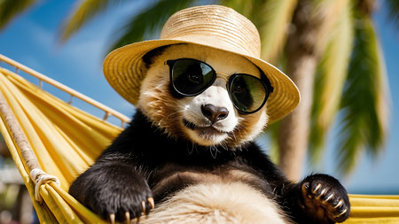 Cute panda in hat and sunglasses relaxing in hammock on the beachの素材