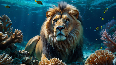 Lion on the coral reef in the Red Sea, Egypt.の素材